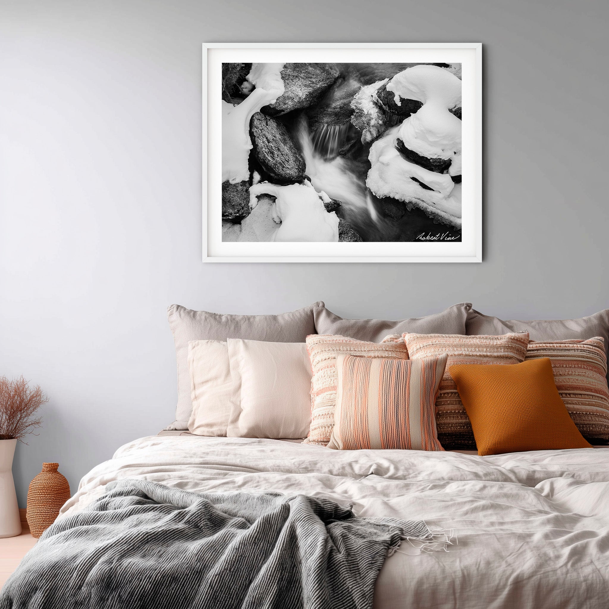 Winter Stream Elegance – Black and White Landscape Art Print by Robert Vine