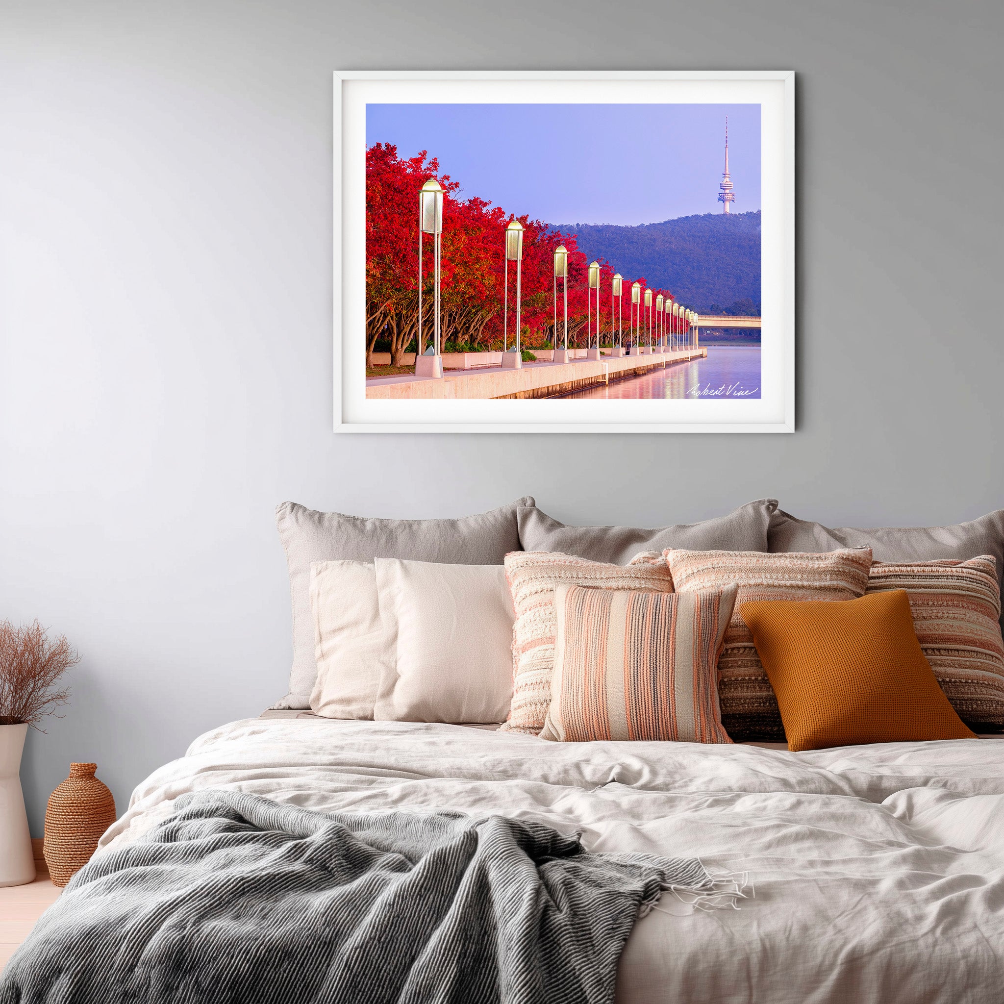 Autumn Colour at Lake Burley Griffin – Canberra Red Trees & Telstra Tower Fine Art Print by Robert Vine