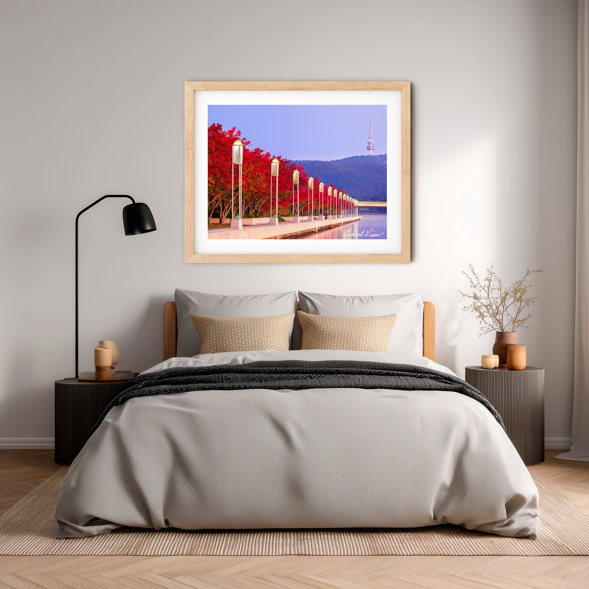 Autumn Colour at Lake Burley Griffin – Canberra Red Trees & Telstra Tower Fine Art Print by Robert Vine