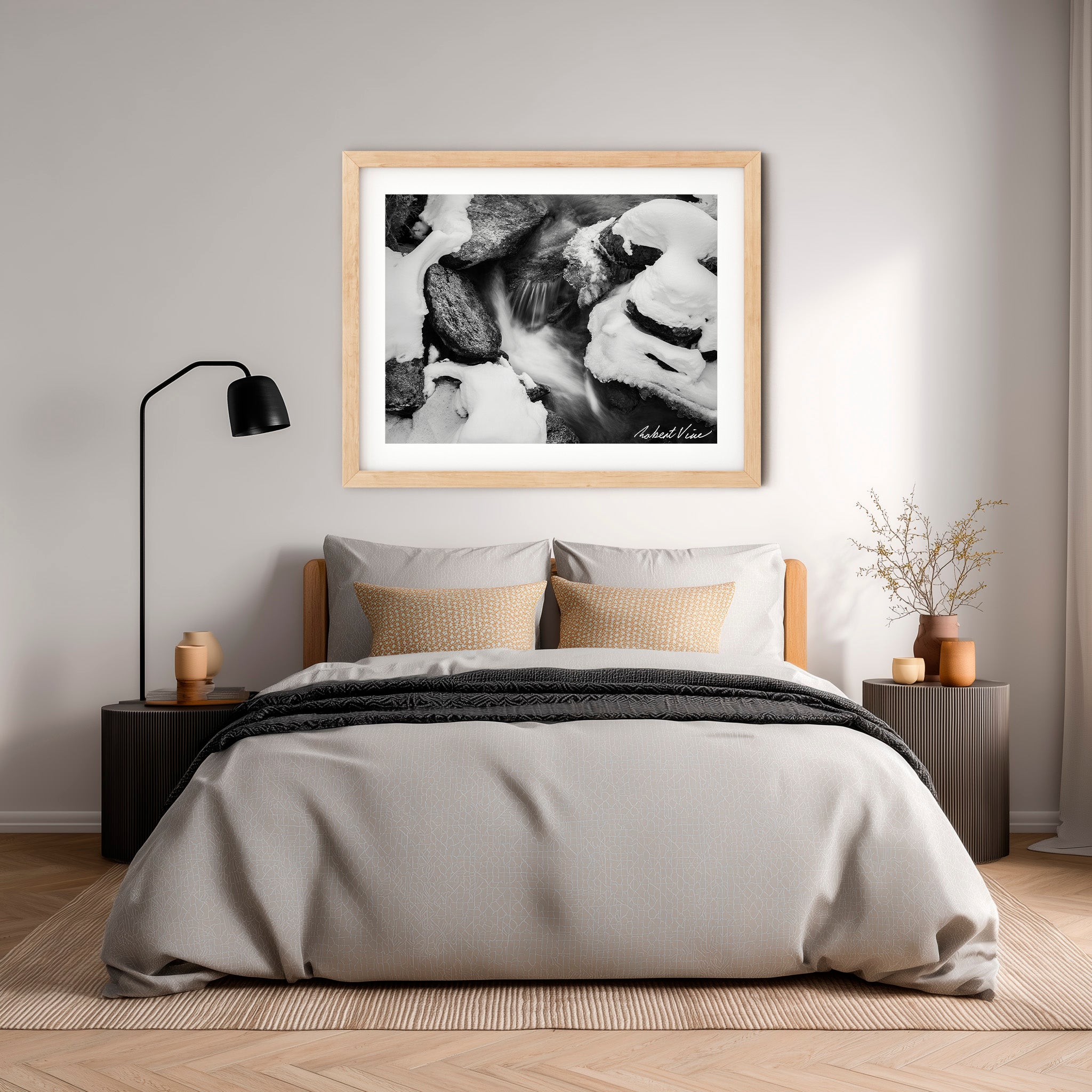 Winter Stream Elegance – Black and White Landscape Art Print by Robert Vine