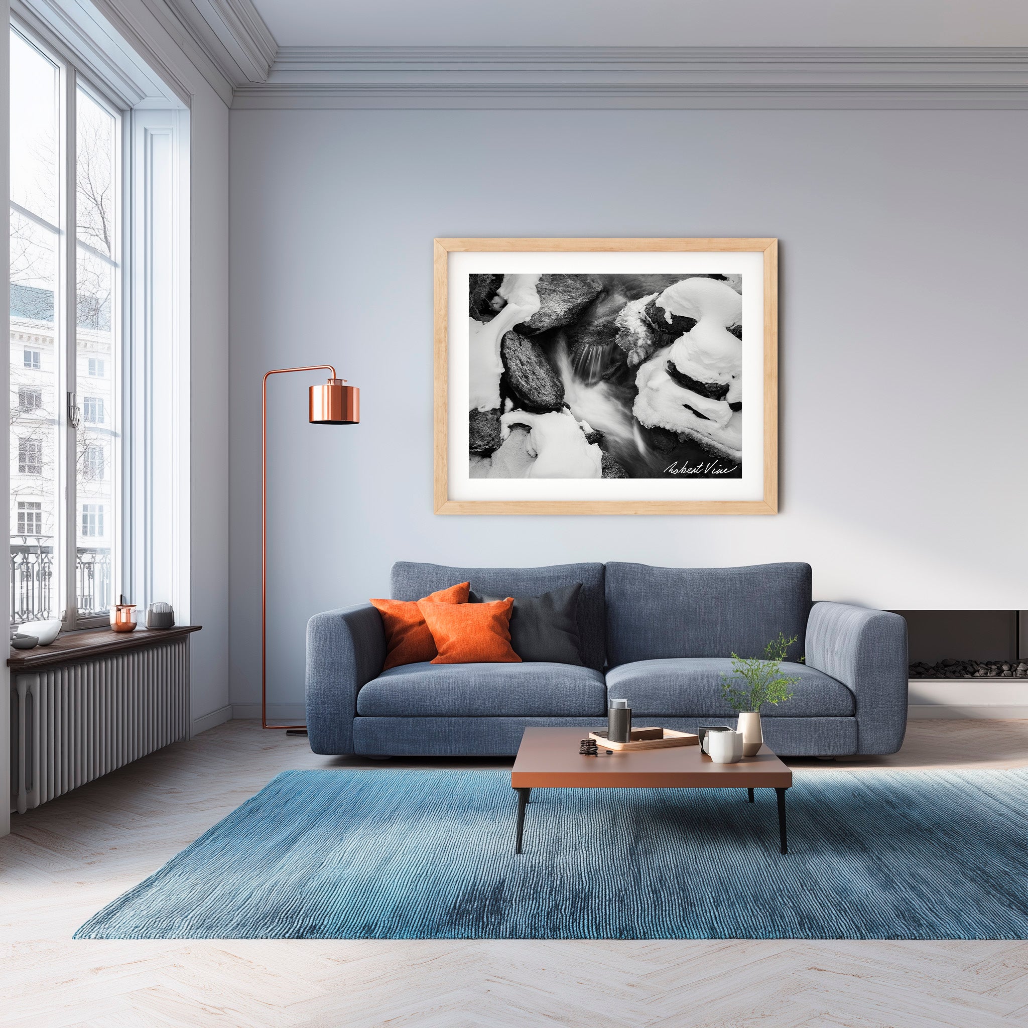 Winter Stream Elegance – Black and White Landscape Art Print by Robert Vine