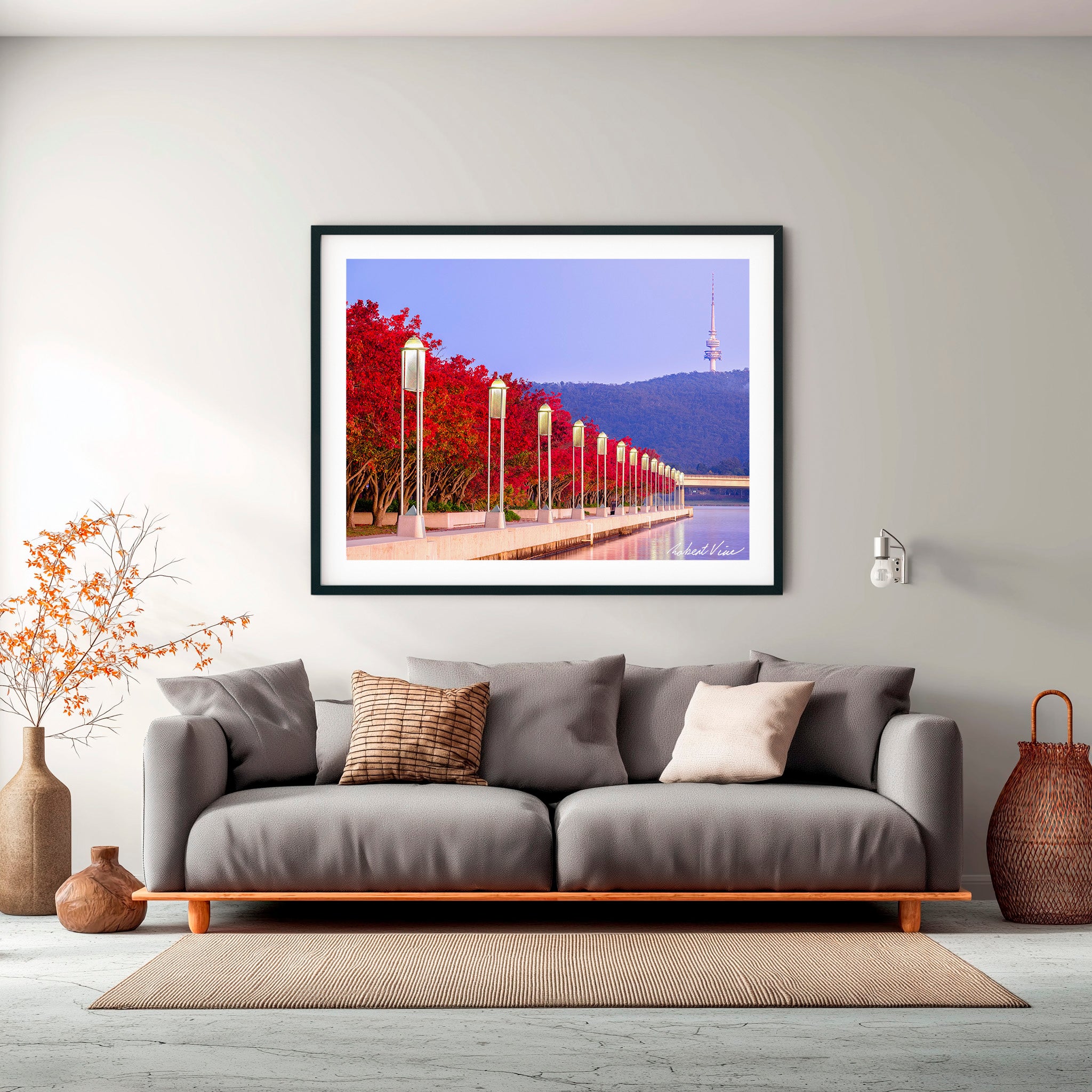 Autumn Colour at Lake Burley Griffin – Canberra Red Trees & Telstra Tower Fine Art Print by Robert Vine