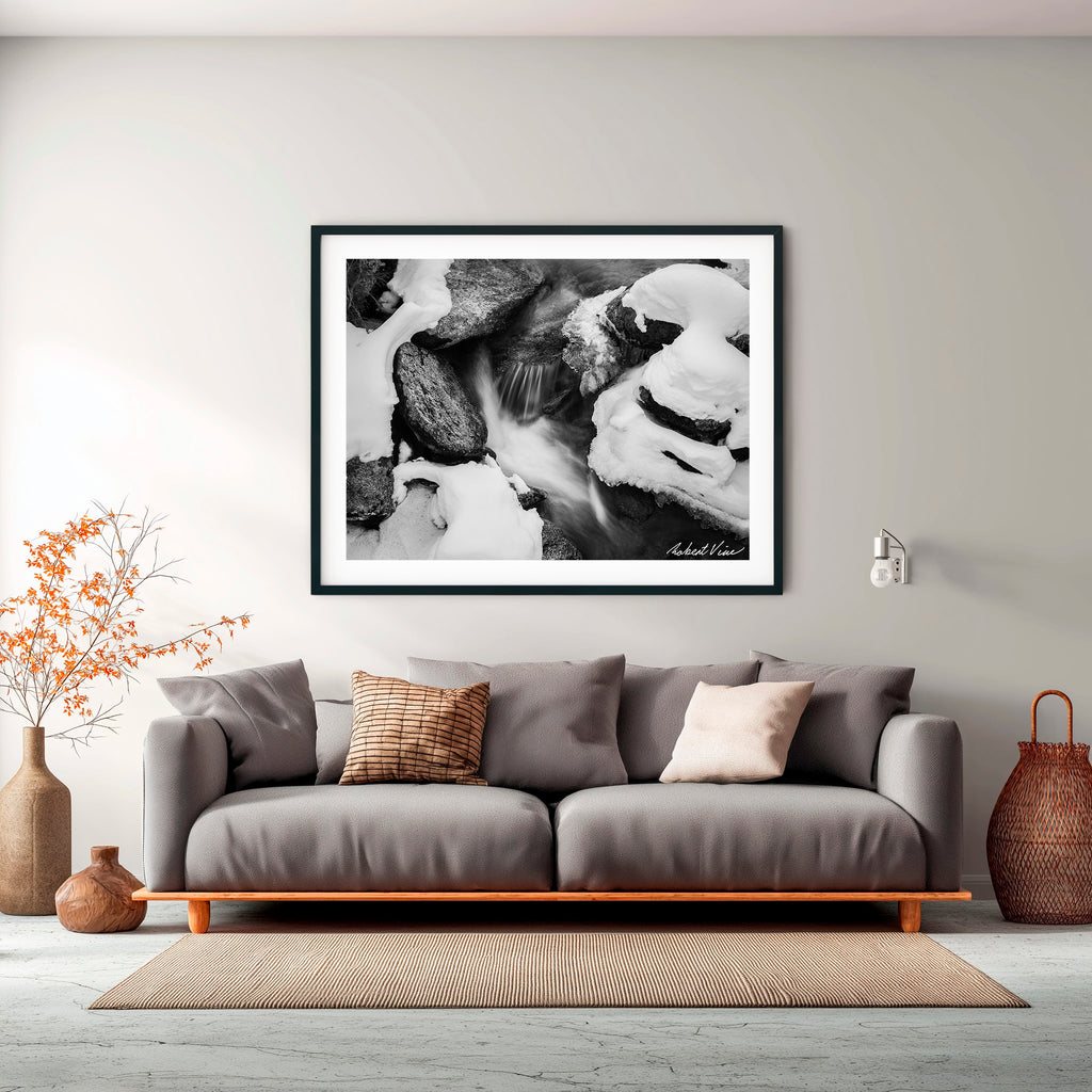 Winter Stream Elegance – Black and White Landscape Art Print by Robert Vine