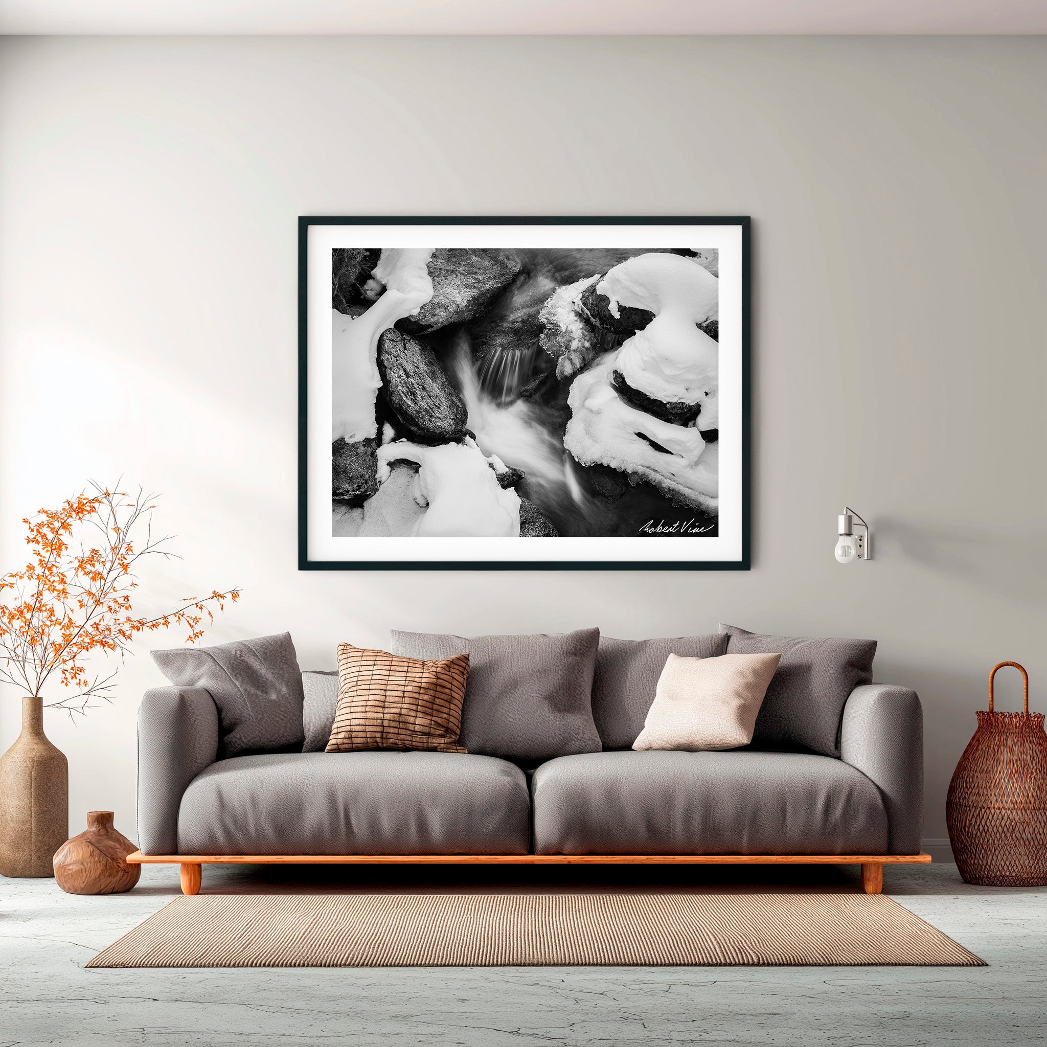 Winter Stream Elegance – Black and White Landscape Art Print by Robert Vine