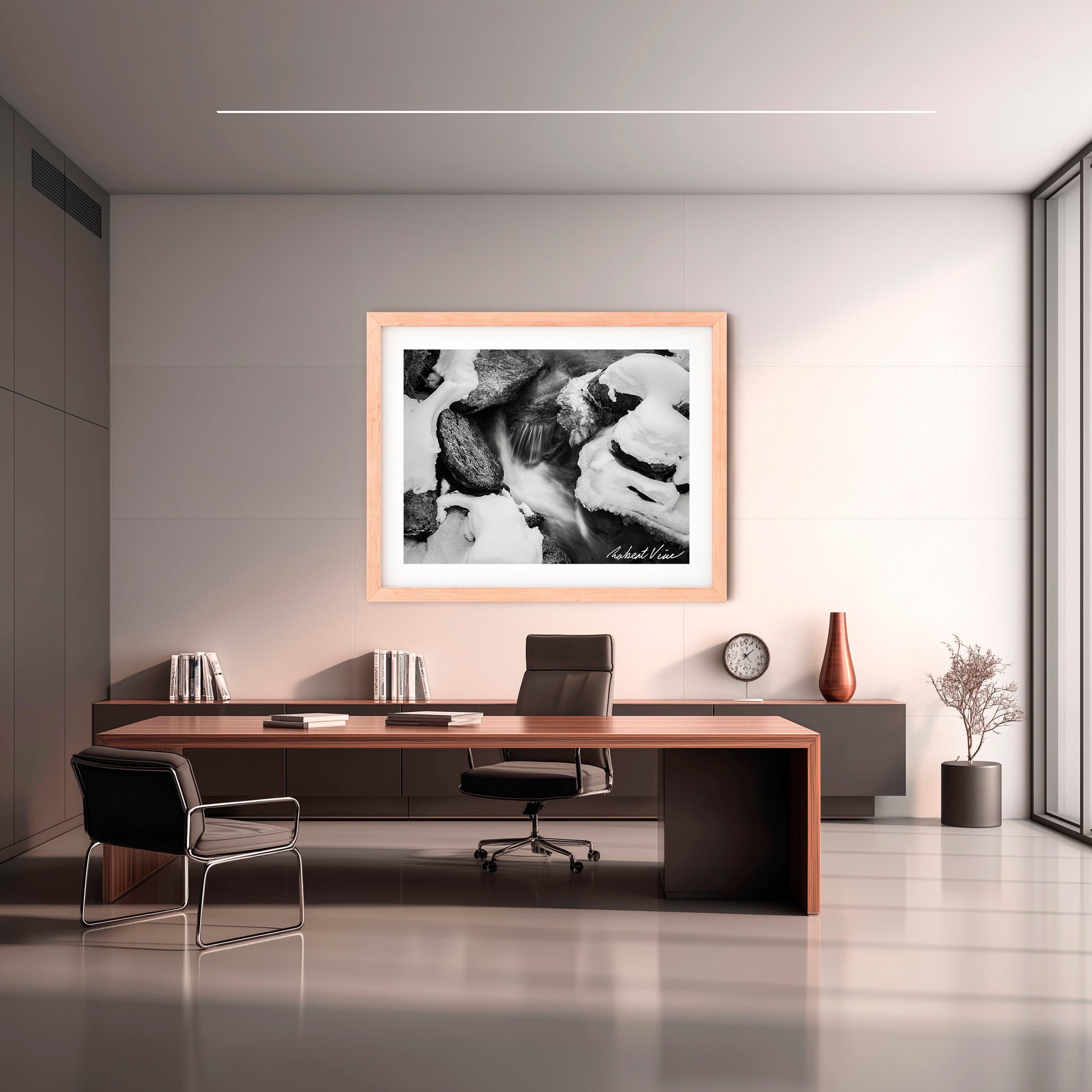 Winter Stream Elegance – Black and White Landscape Art Print by Robert Vine