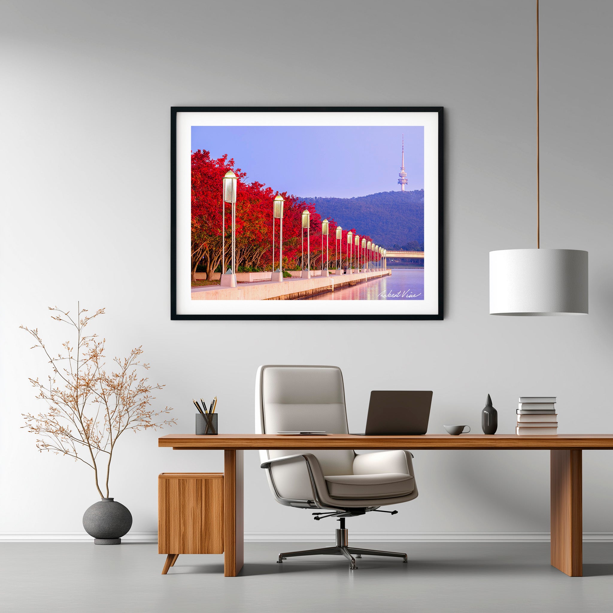 Autumn Colour at Lake Burley Griffin – Canberra Red Trees & Telstra Tower Fine Art Print by Robert Vine
