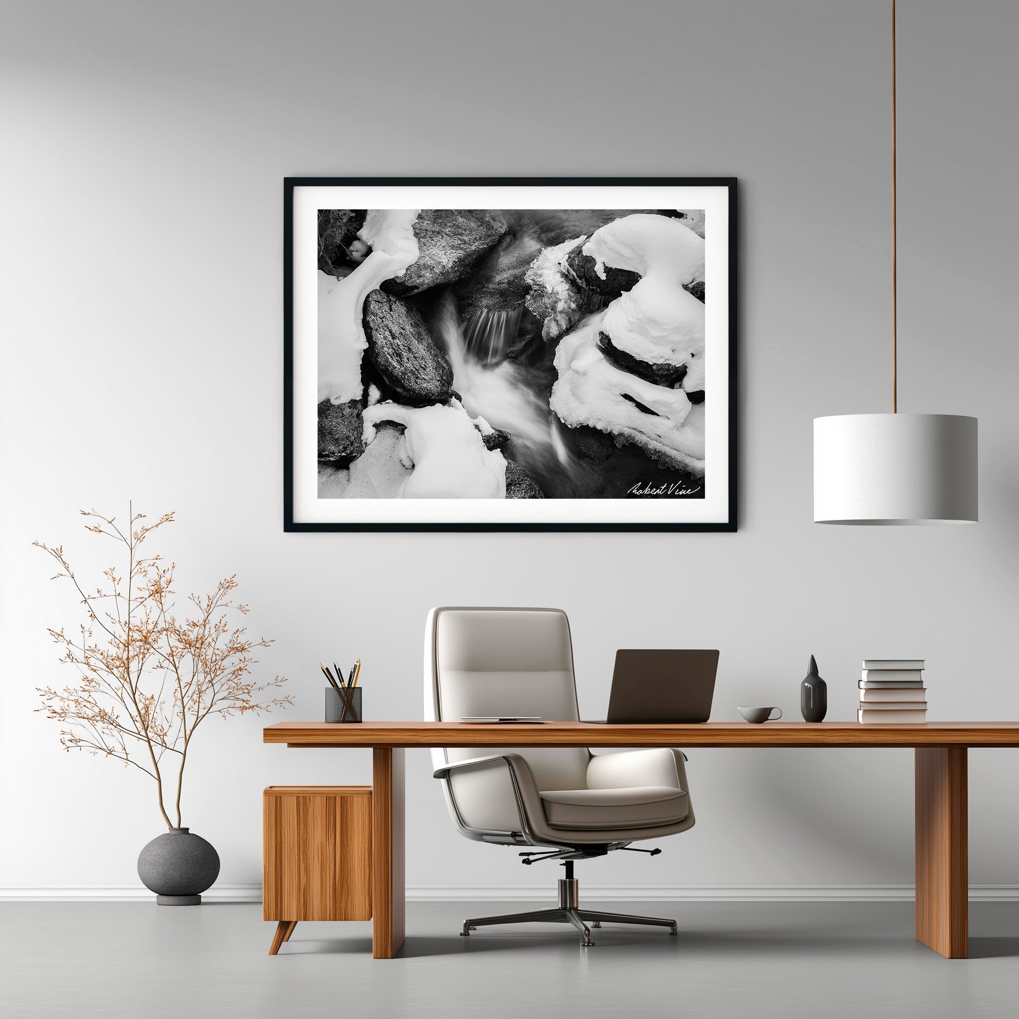 Winter Stream Elegance – Black and White Landscape Art Print by Robert Vine