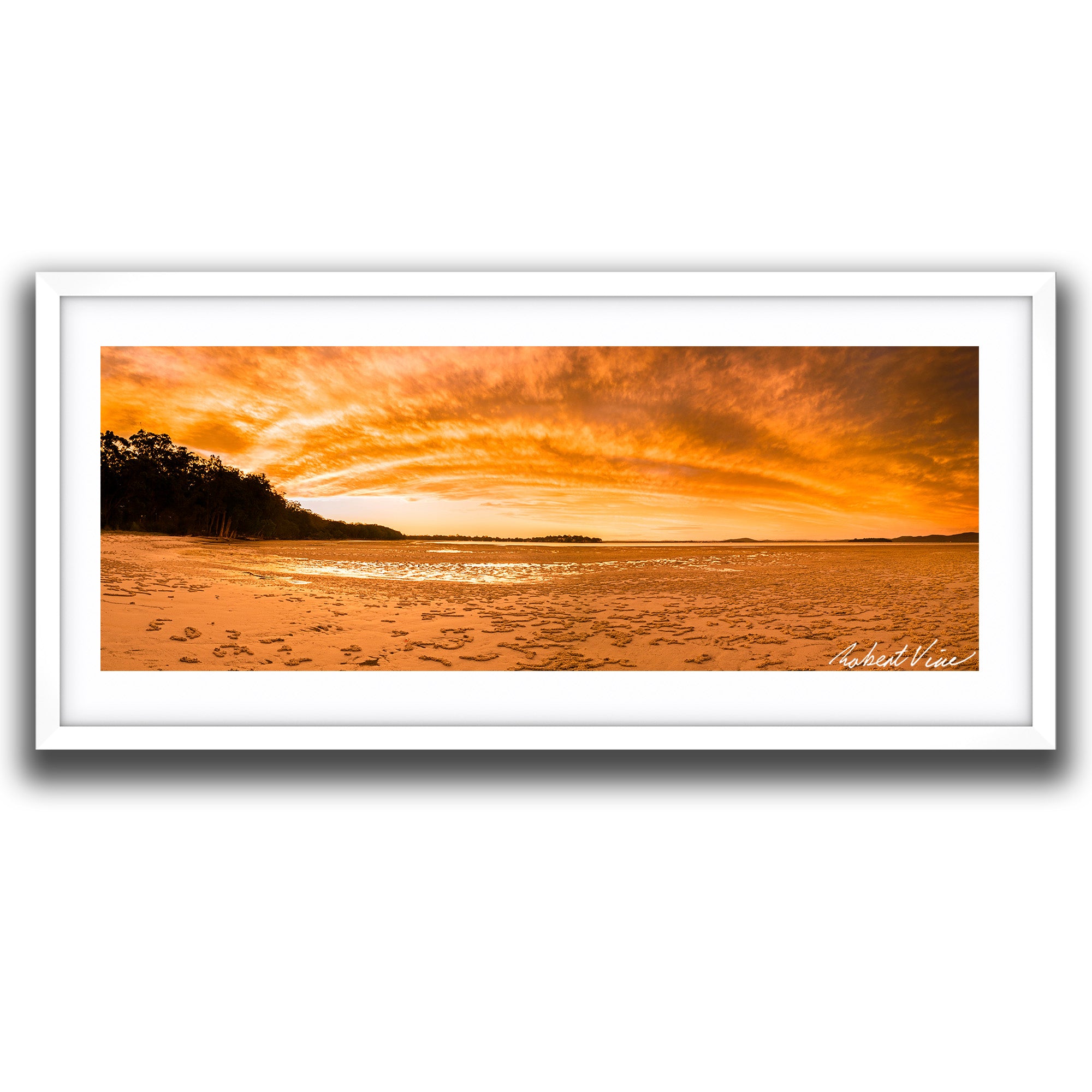 Limited edition framed panoramic photograph of Tanilba Bay, Port Stephens at sunset by Australian landscape photographer Robert Vine, with golden sky and tidal flats.