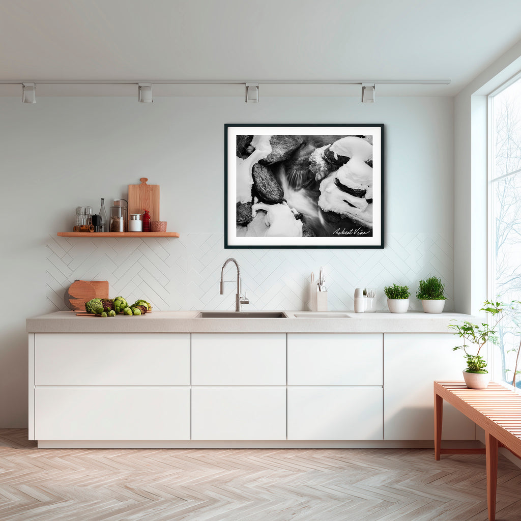 Winter Stream Elegance – Black and White Landscape Art Print by Robert Vine