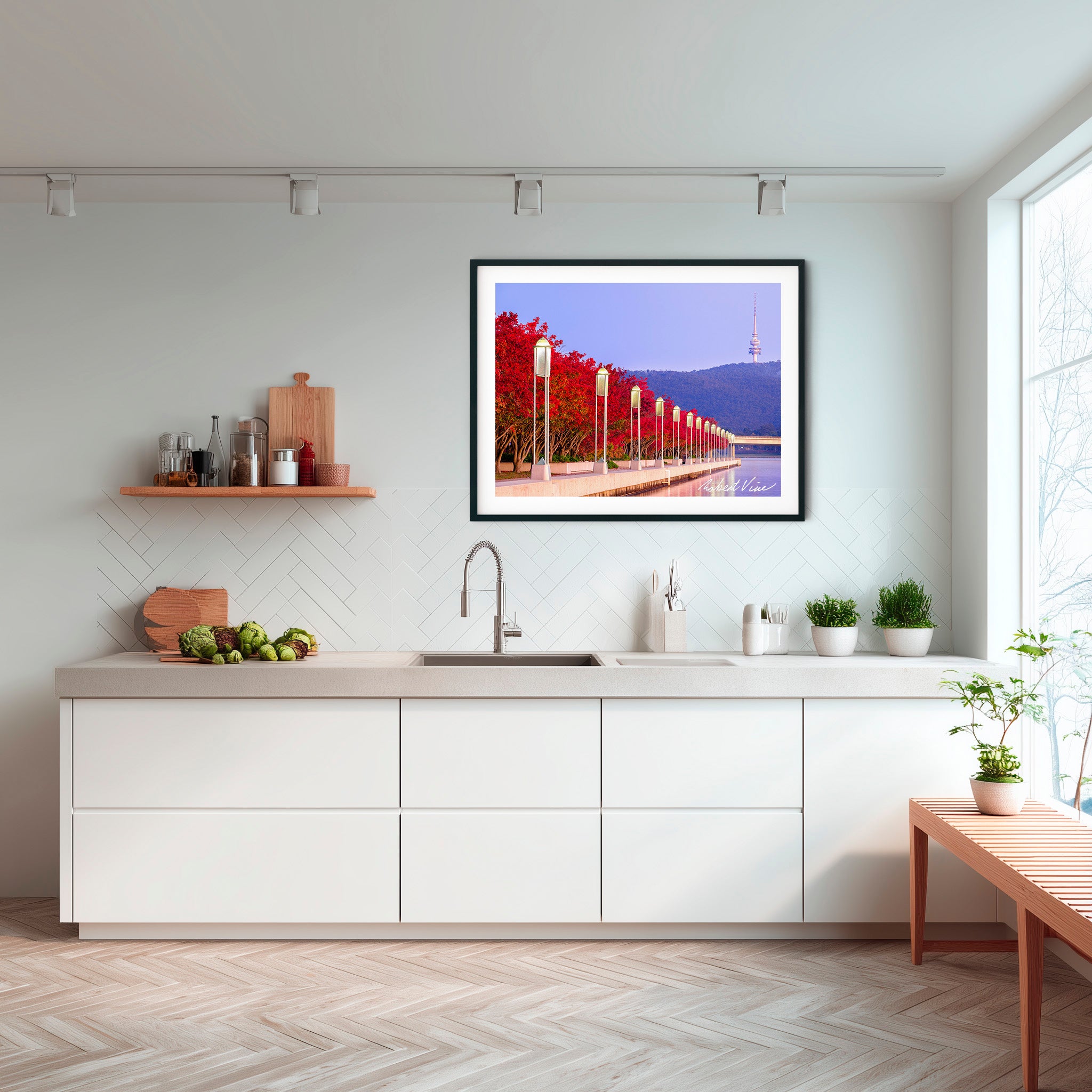 Autumn Colour at Lake Burley Griffin – Canberra Red Trees & Telstra Tower Fine Art Print by Robert Vine