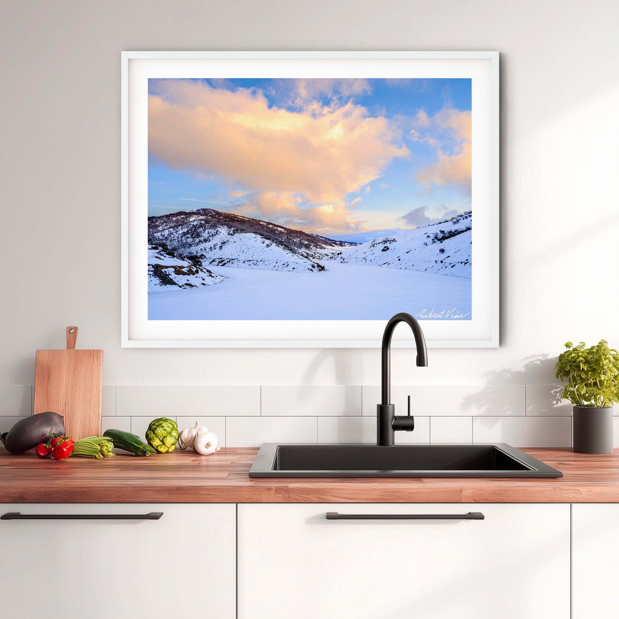 Sunset Over Guthega Snowfields – Snowy Mountains Landscape Art Print by Robert Vine