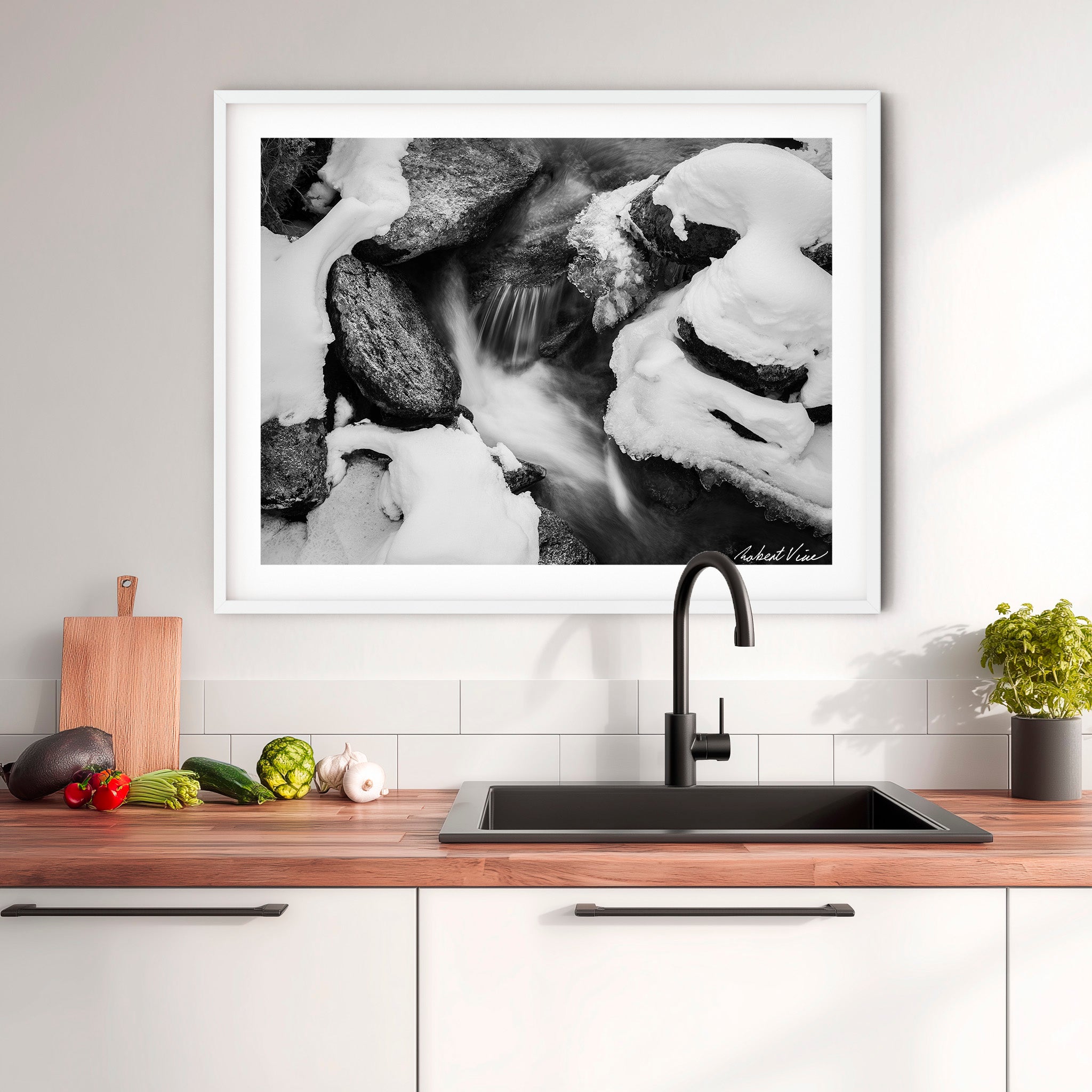 Winter Stream Elegance – Black and White Landscape Art Print by Robert Vine