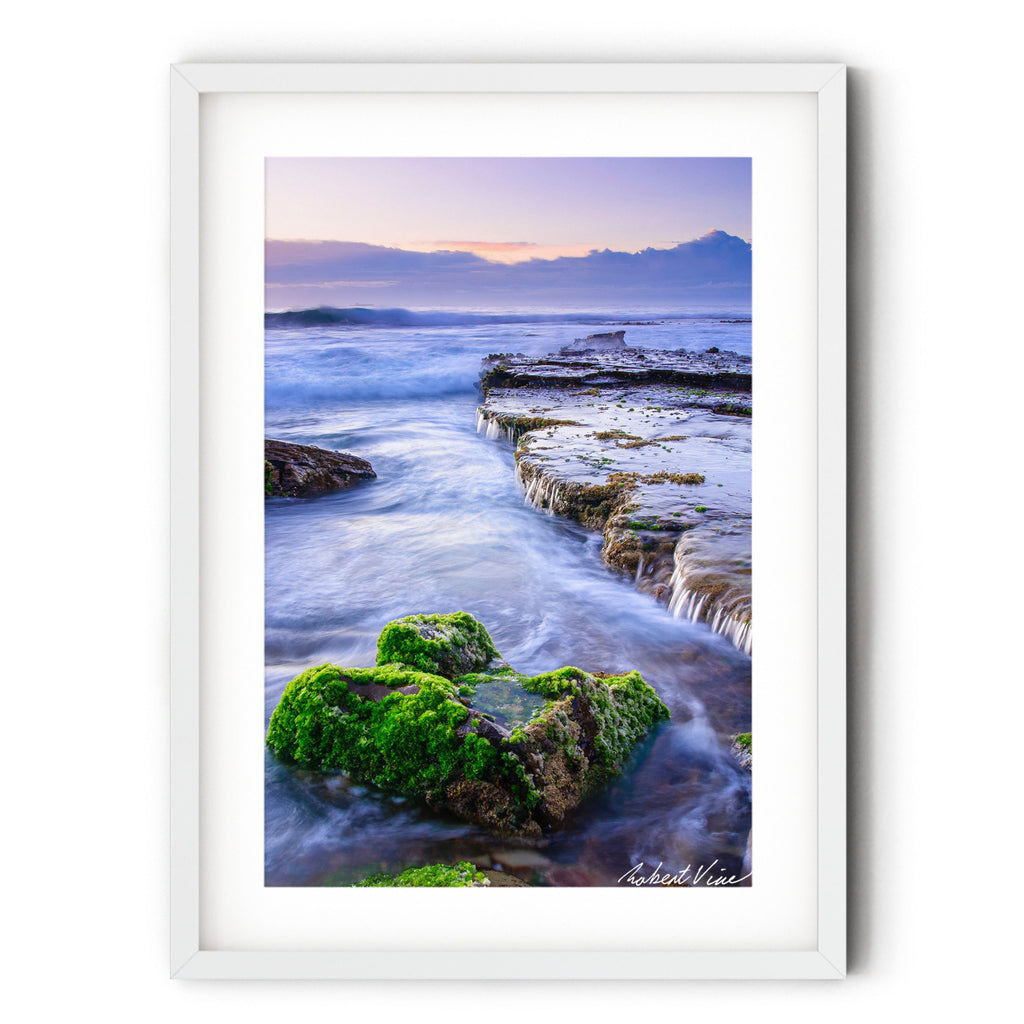 Fine art landscape photograph of Merewether Beach, Newcastle — sunrise over tidal rocks with green moss and cascading seawater, Australian coastal landscape art print by Robert Vine.
