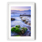 Fine art landscape photograph of Merewether Beach, Newcastle — sunrise over tidal rocks with green moss and cascading seawater, Australian coastal landscape art print by Robert Vine.