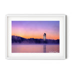 Sunrise over Lake Burley Griffin with the National Carillon rising through morning mist — fine art landscape photograph by Robert Vine.