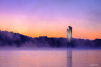 Sunrise over Lake Burley Griffin with the National Carillon rising through morning mist — fine art landscape photograph by Robert Vine.