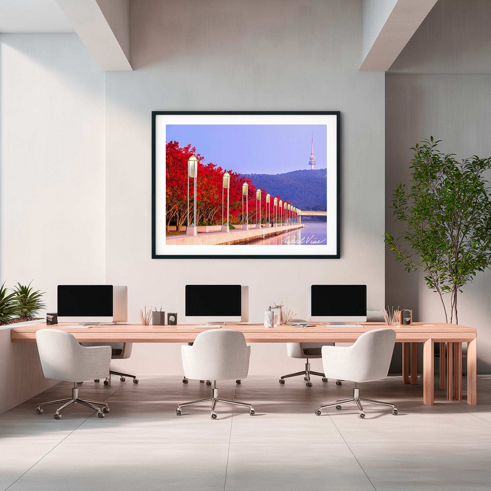 Autumn Colour at Lake Burley Griffin – Canberra Red Trees & Telstra Tower Fine Art Print by Robert Vine