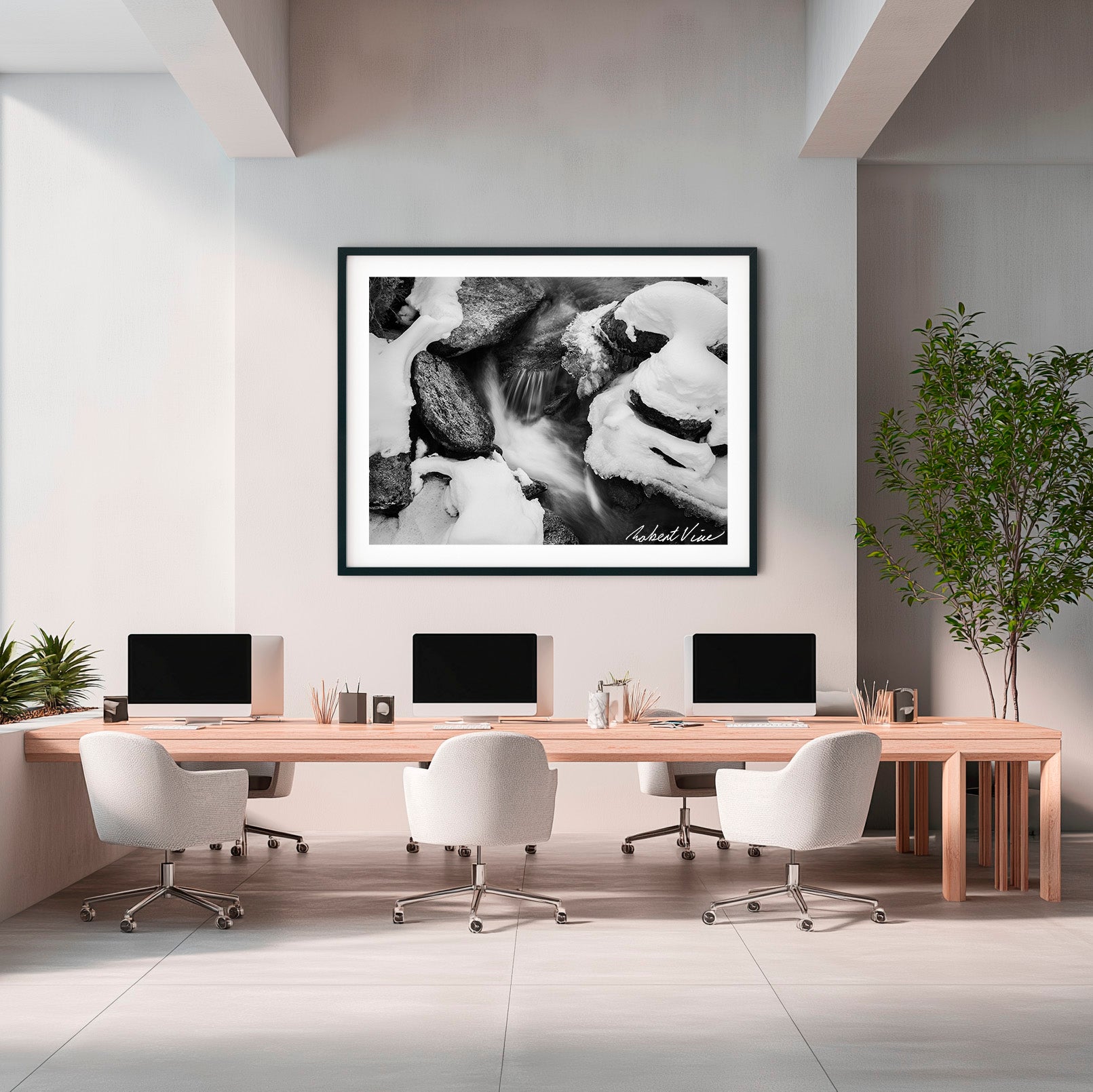 Winter Stream Elegance – Black and White Landscape Art Print by Robert Vine