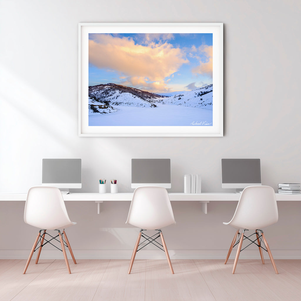 Sunset Over Guthega Snowfields – Snowy Mountains Landscape Art Print by Robert Vine