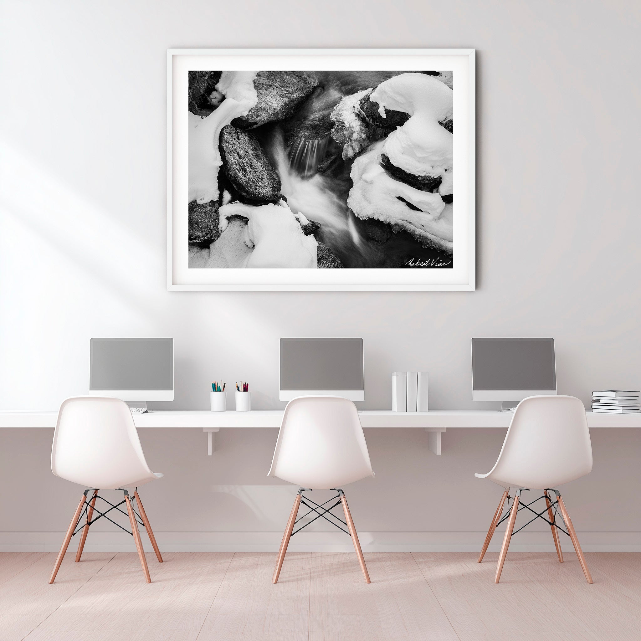 Winter Stream Elegance – Black and White Landscape Art Print by Robert Vine