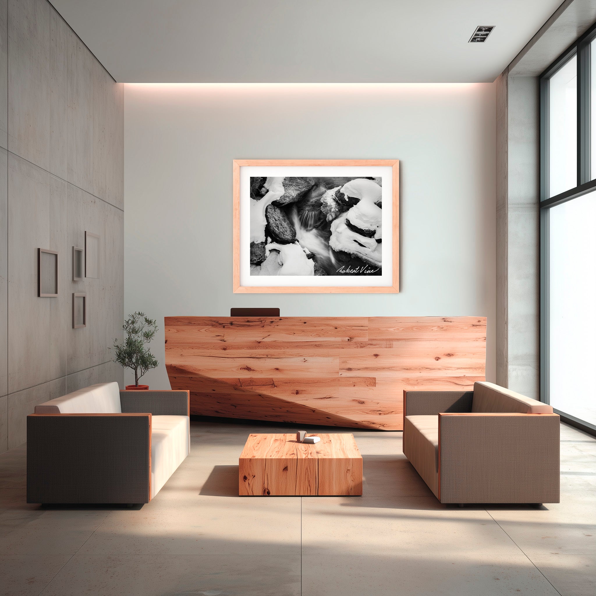 Winter Stream Elegance – Black and White Landscape Art Print by Robert Vine