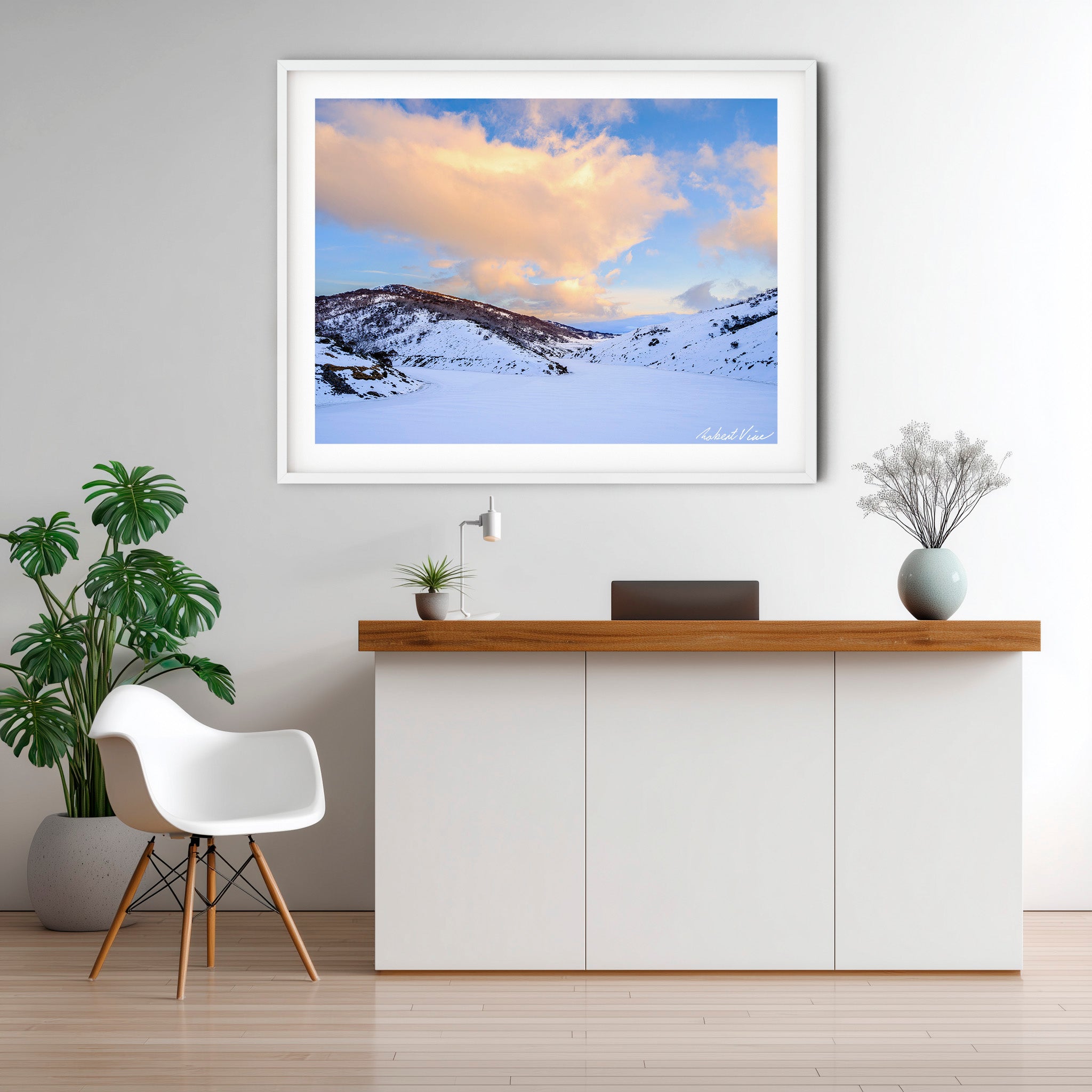 Sunset Over Guthega Snowfields – Snowy Mountains Landscape Art Print by Robert Vine