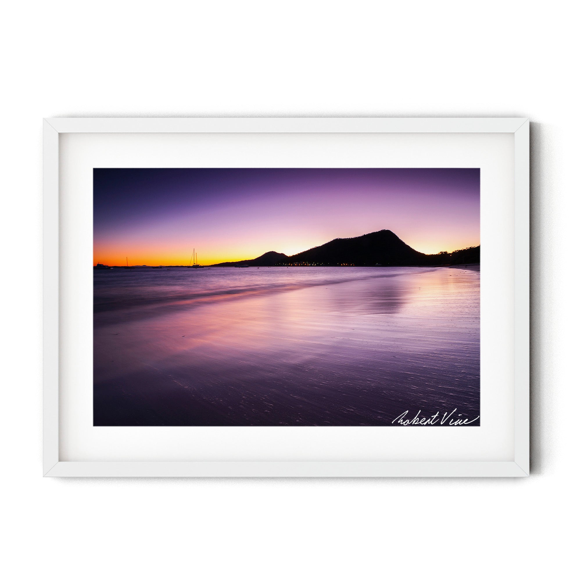 Limited edition framed print of Shoal Bay at dusk, Port Stephens by Robert Vine, with soft waves, glowing sky and silhouetted headlands
