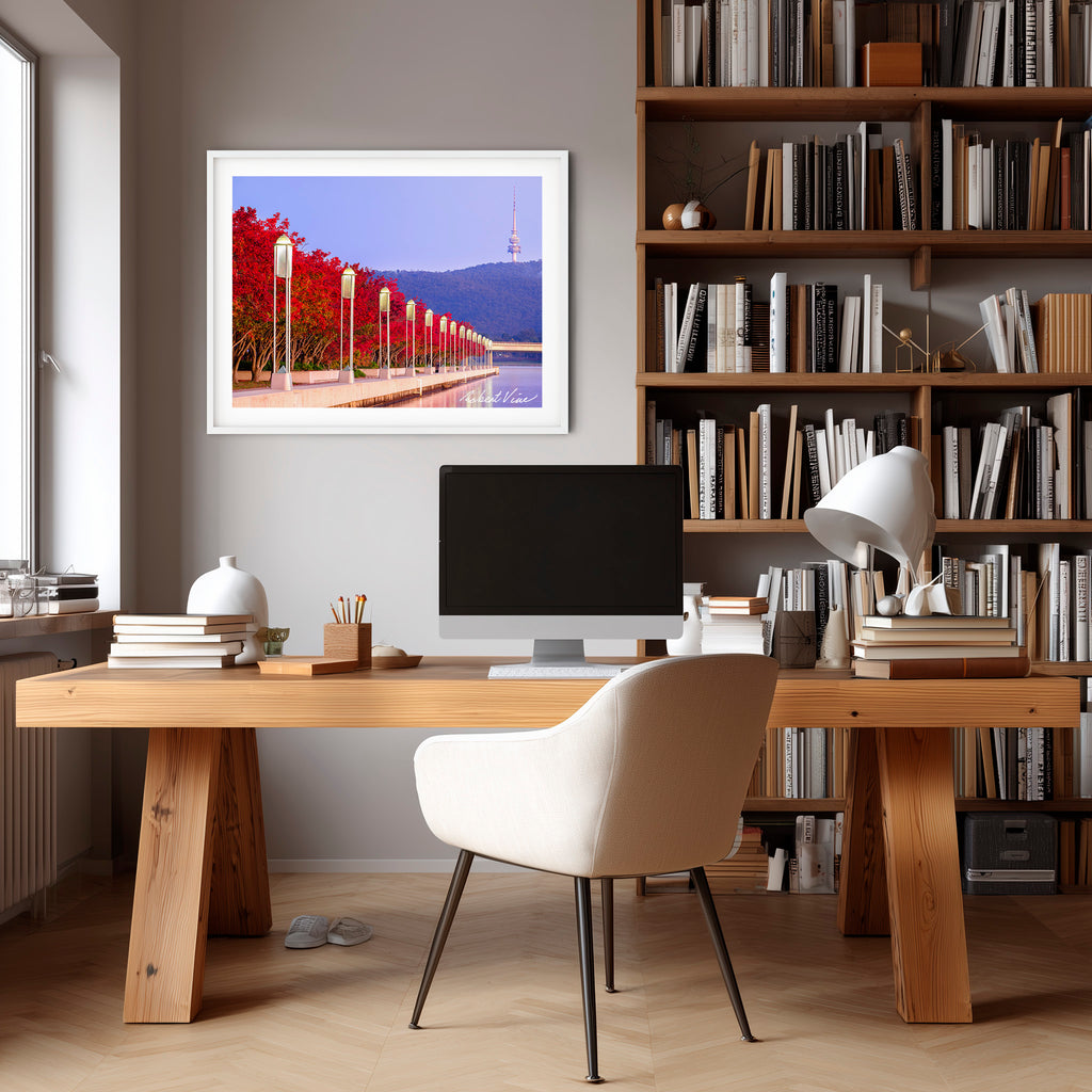 Autumn Colour at Lake Burley Griffin – Canberra Red Trees & Telstra Tower Fine Art Print by Robert Vine