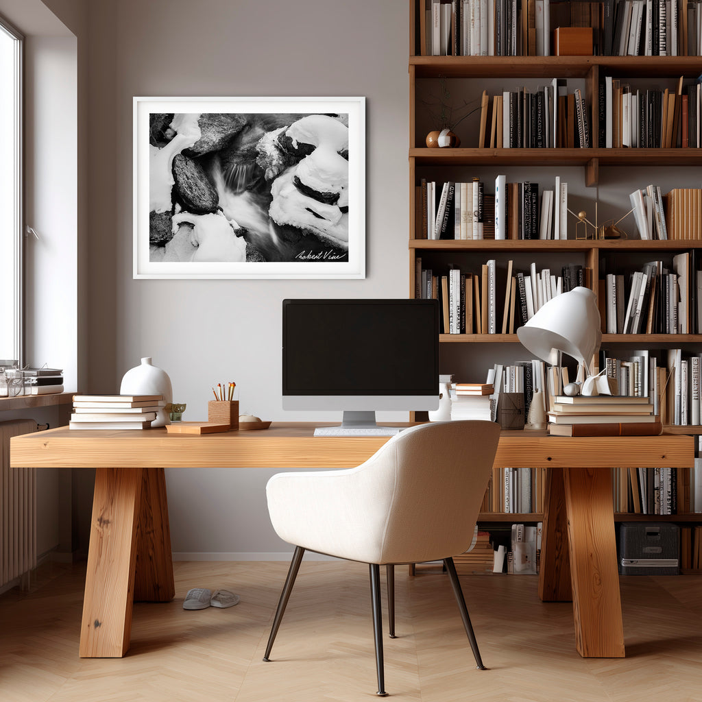 Winter Stream Elegance – Black and White Landscape Art Print by Robert Vine