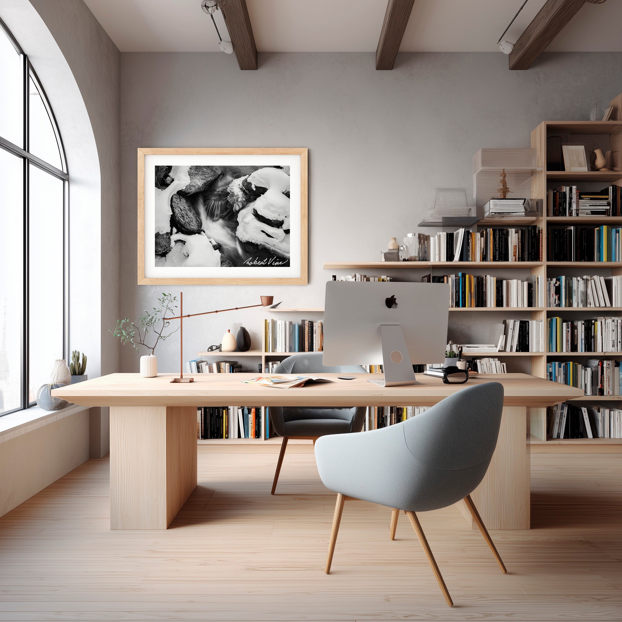 Winter Stream Elegance – Black and White Landscape Art Print by Robert Vine