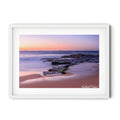 Fine art landscape photograph of Susan Gilmore Beach at sunrise — soft pastel sky over sandstone rocks and calm sea, Australian coastal landscape art print by Robert Vine.