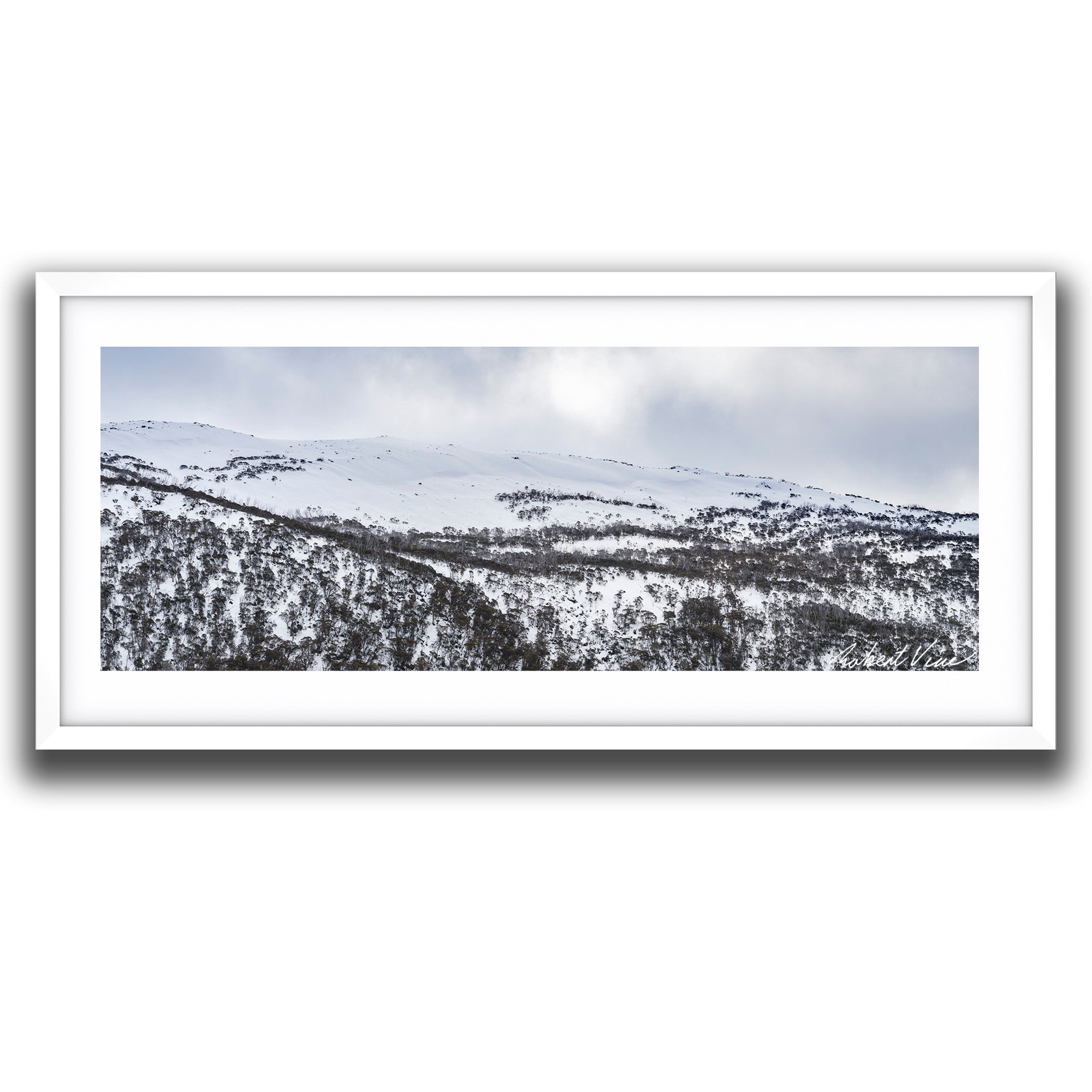 Framed wall art of Panoramic winter landscape of snow-covered ridges and snow gums at Guthega in the Snowy Mountains, photographed by Australian landscape artist Robert Vine.