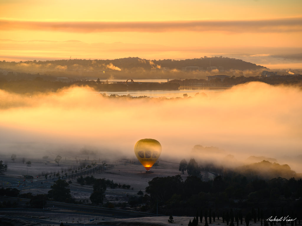 Hot air balloon rising through golden morning mist at the National Arboretum Canberra during sunrise, photographed by Robert Vine.