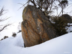 Snow-covered granite boulder surrounded by alpine shrubs during gentle snowfall in Perisher, photographed by Australian landscape artist Robert Vine.