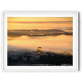 Framed print of Hot air balloon rising through golden morning mist at the National Arboretum Canberra during sunrise, photographed by Robert Vine.