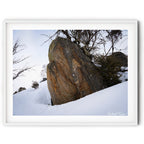 Framed Snow-covered granite boulder surrounded by alpine shrubs during gentle snowfall in Perisher, photographed by Australian landscape artist Robert Vine.
