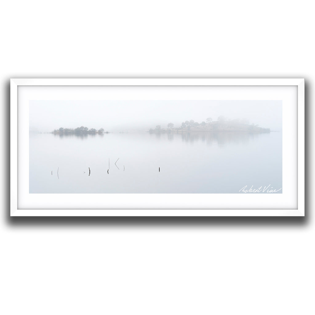 Framed print of Minimalist winter landscape of grasses and branches emerging from the still waters of Googong Dam on a foggy morning by Robert Vine.